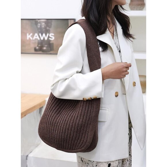 Women's Brown Shoulder Handbags Crocheted Bags Large Knit Bag Tote Bag - Picture 8 of 9